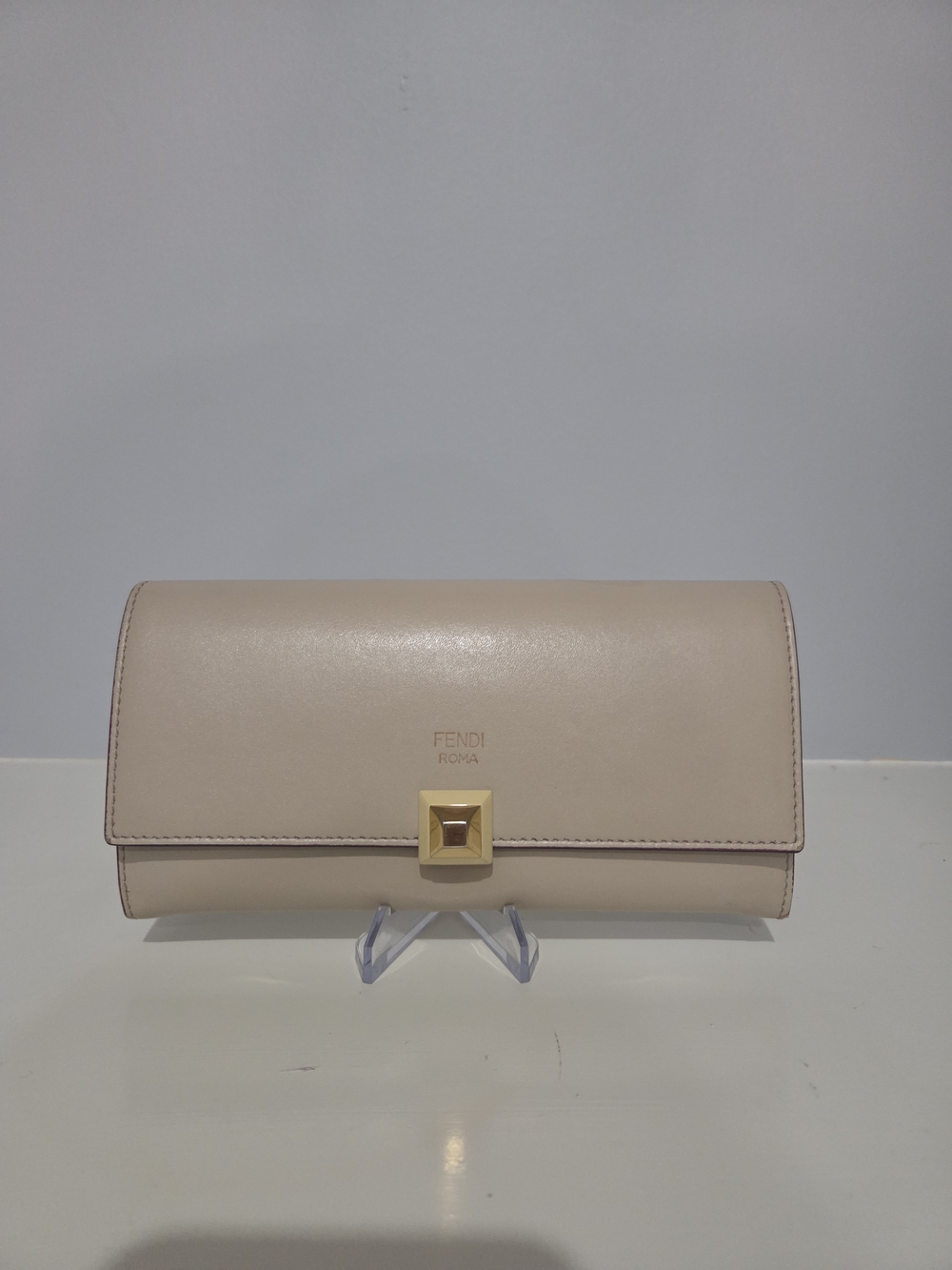 Fendi Beige Leather Wallet Clutch with Gold-Tone Stud / COA Inlcused